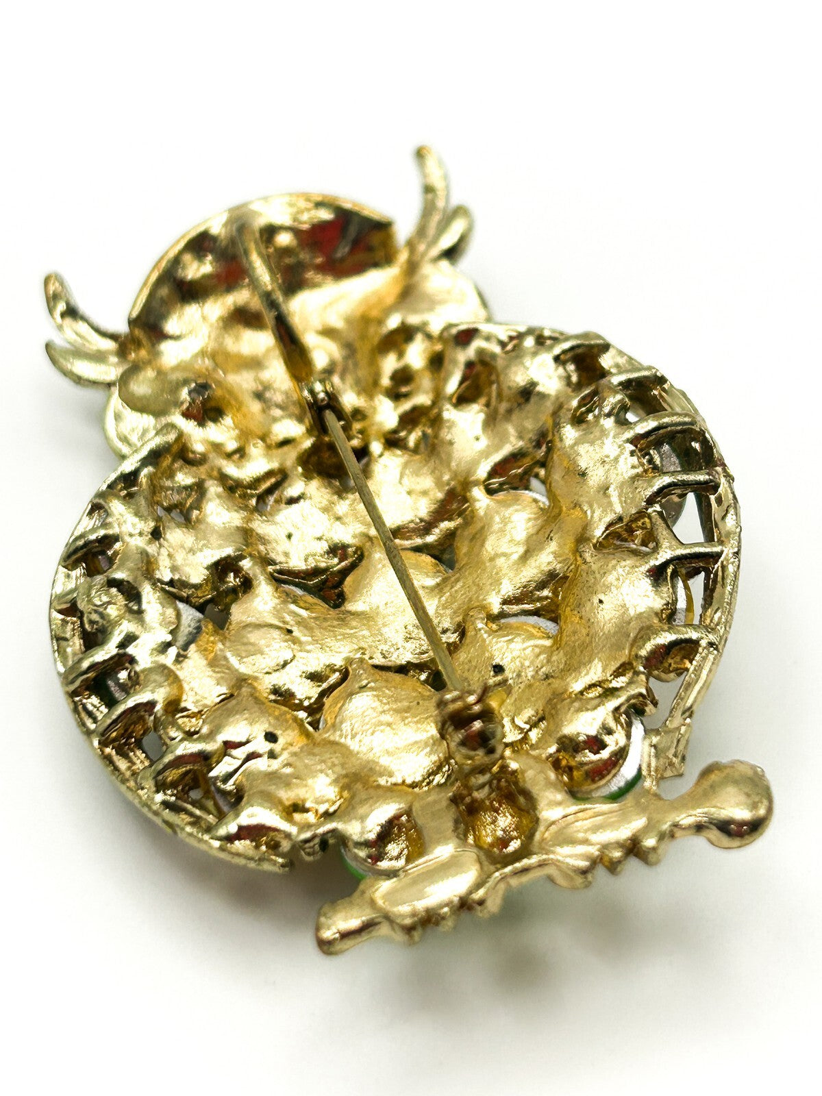 Owl Brooch Gold Tone Green Amber Rhinestone Animal Pin