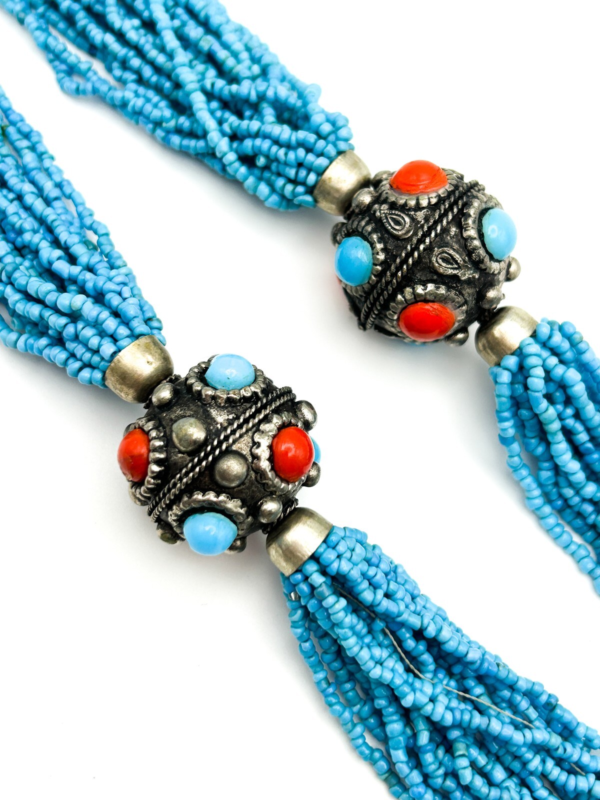 Turquoise Glass Multi Strand Beaded Necklace Statement Silver Tone Red Blue