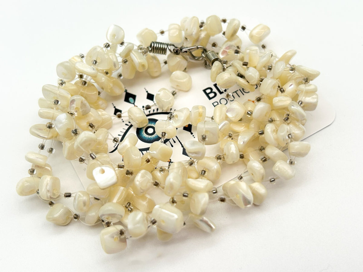 Vintage Mother Of Pearl Multi Strand Illusion Necklace Cream Shell Floating Chip