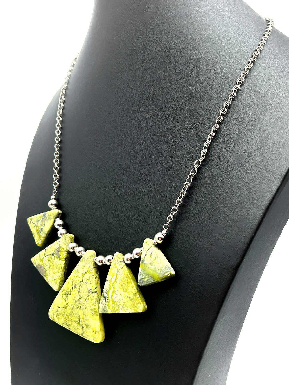 Serpentine Triangle Statement Necklace Lime Green Geometric Gemstone 19”