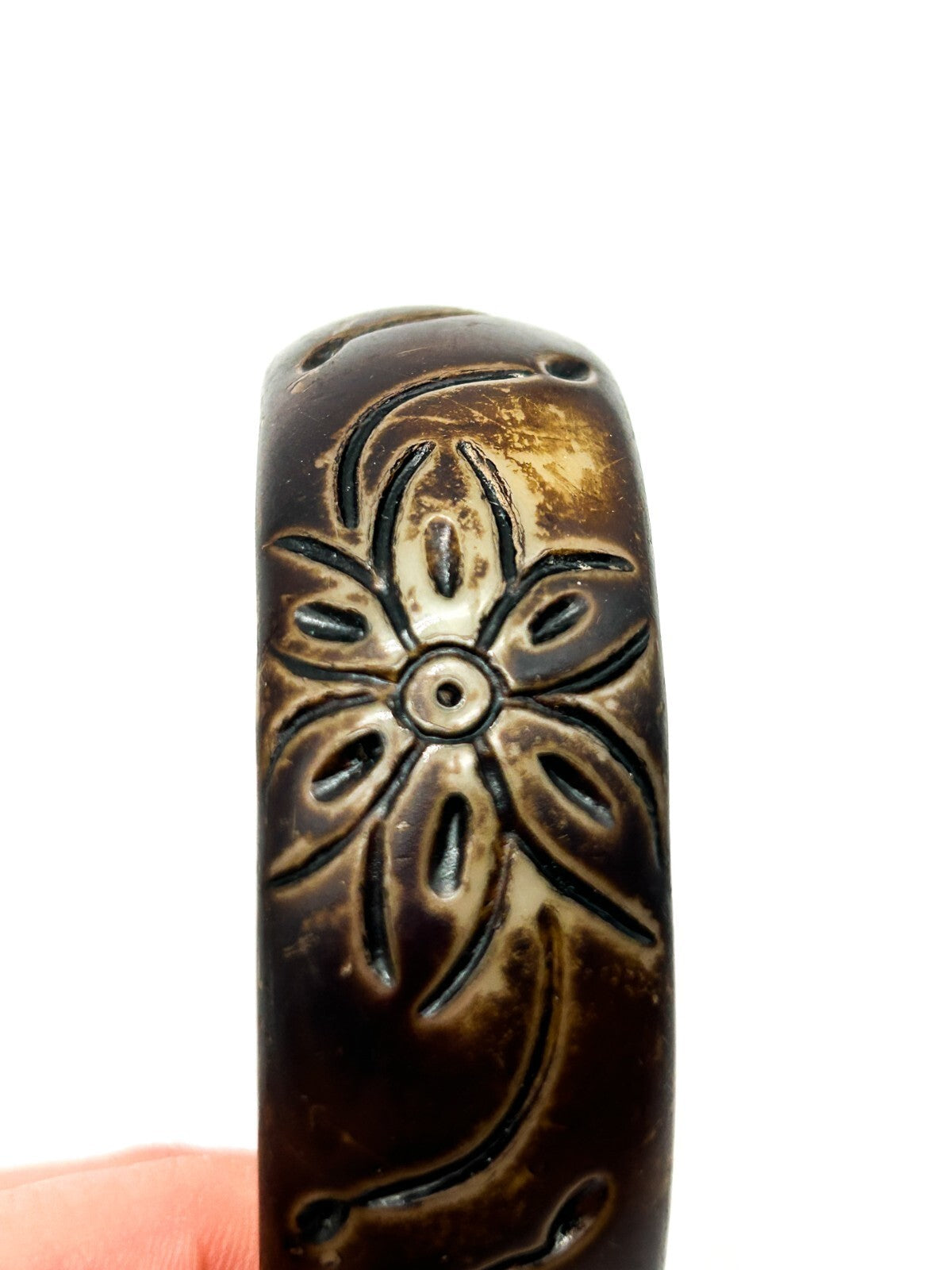 Vintage Carved Floral Organic Material Bangle Brown Boho Statement Bracelet