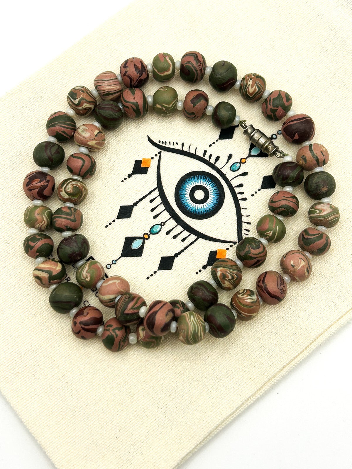 Polymer Clay Bead Necklace Swirl Green Pink Brown Artisan Style 20”