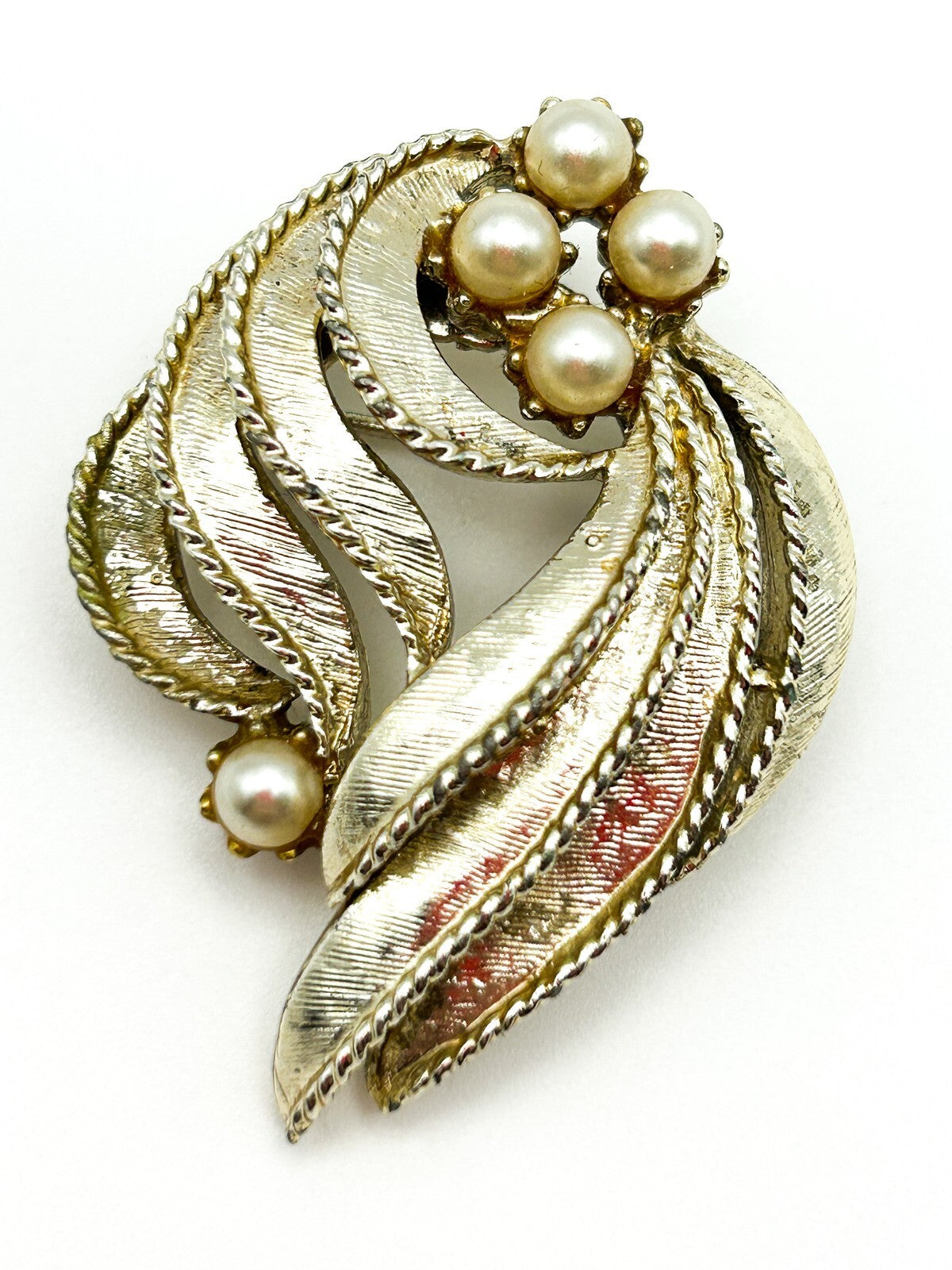 Vintage Gold Tone Faux Pearl Textured Art Nouveau Style Abstract Brooch