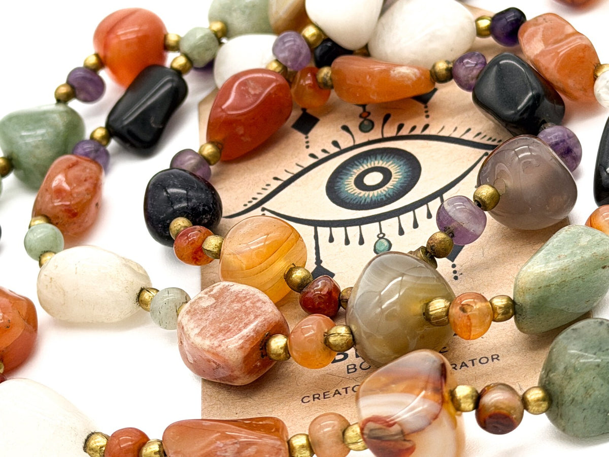 Vintage Mixed Gemstone Bead Necklace Long Multi Stone Agate Onyx Jadeite Quartz