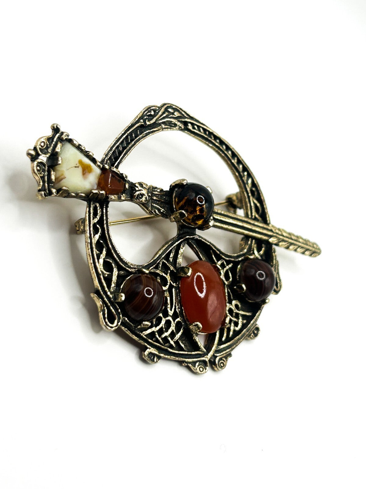 Miracle Celtic Brooch Vintage Faux Carnelian Agate Glass Penannular Cloak Pin