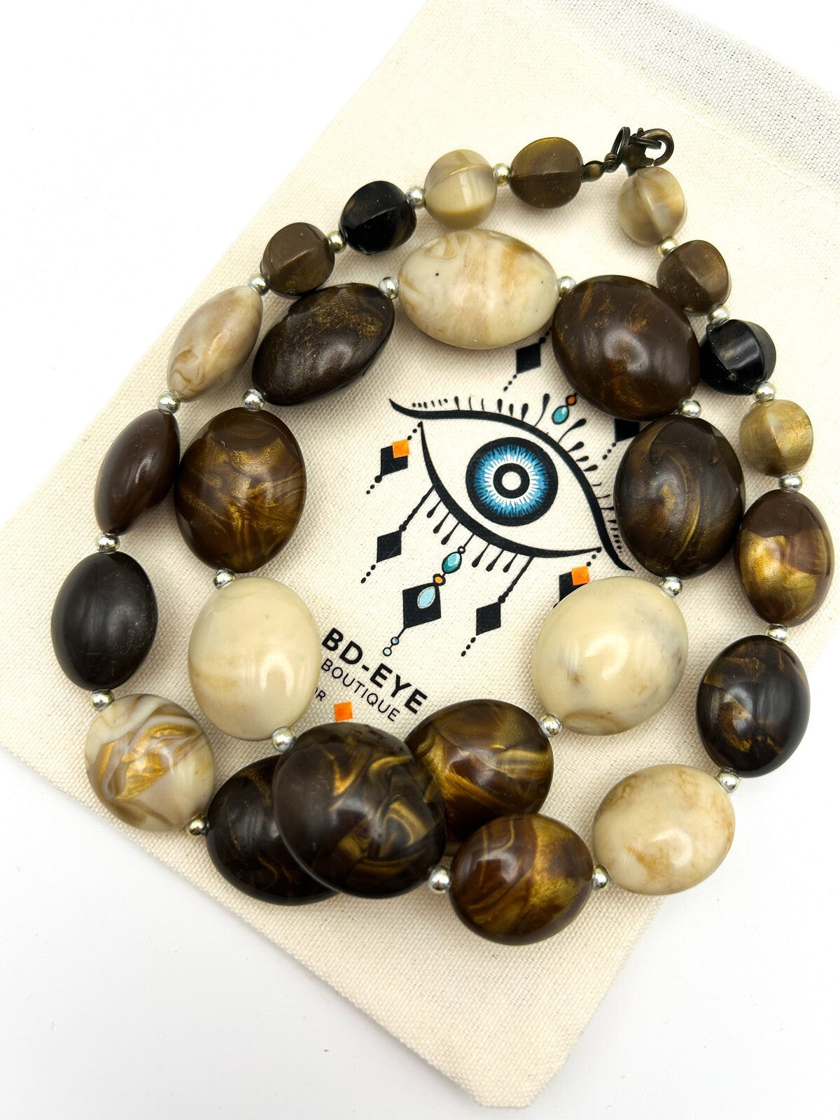Vintage Brown Marbled Acrylic Bead Necklace Cream Caramel Chunky 70s Style 26.5”