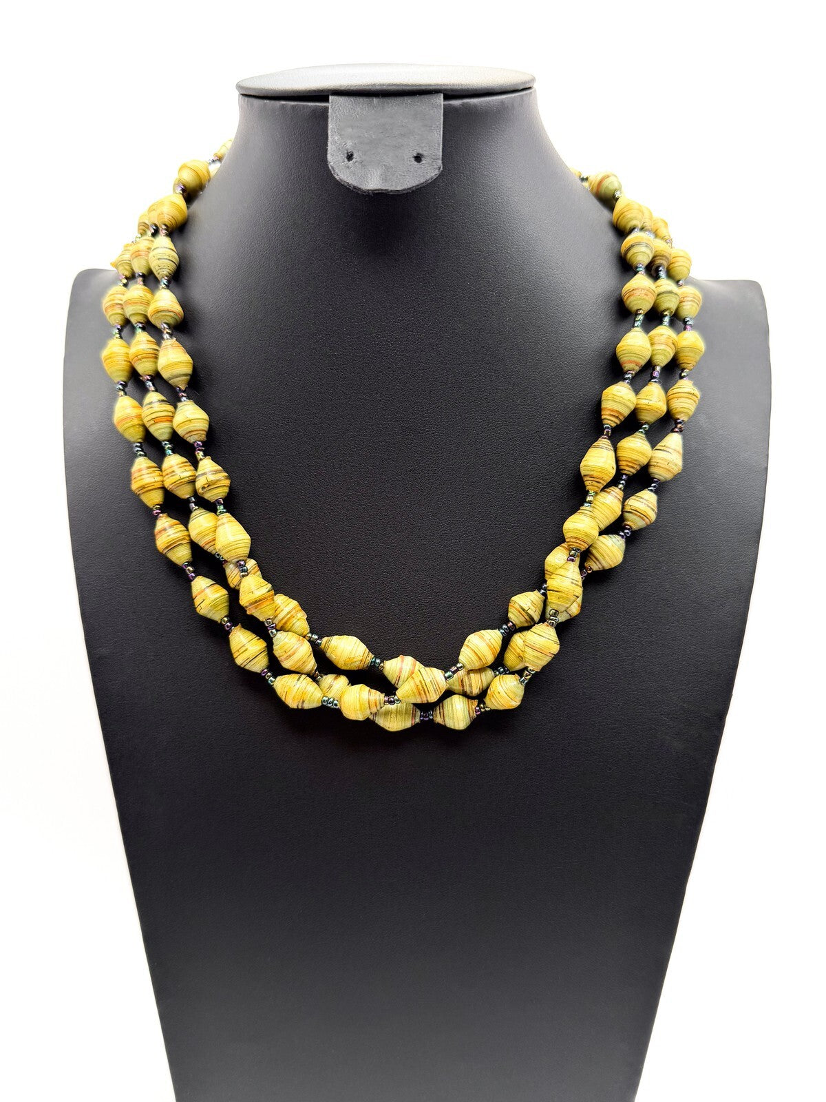 Vintage Multi-Strand Yellow & Green Beaded Necklace - Faux Rolled Paper Beads