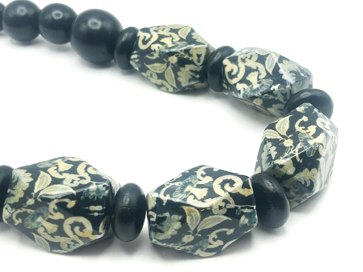 Chunky Black and Yellow-Green Floral Print Long Beaded Wood Necklace Flower