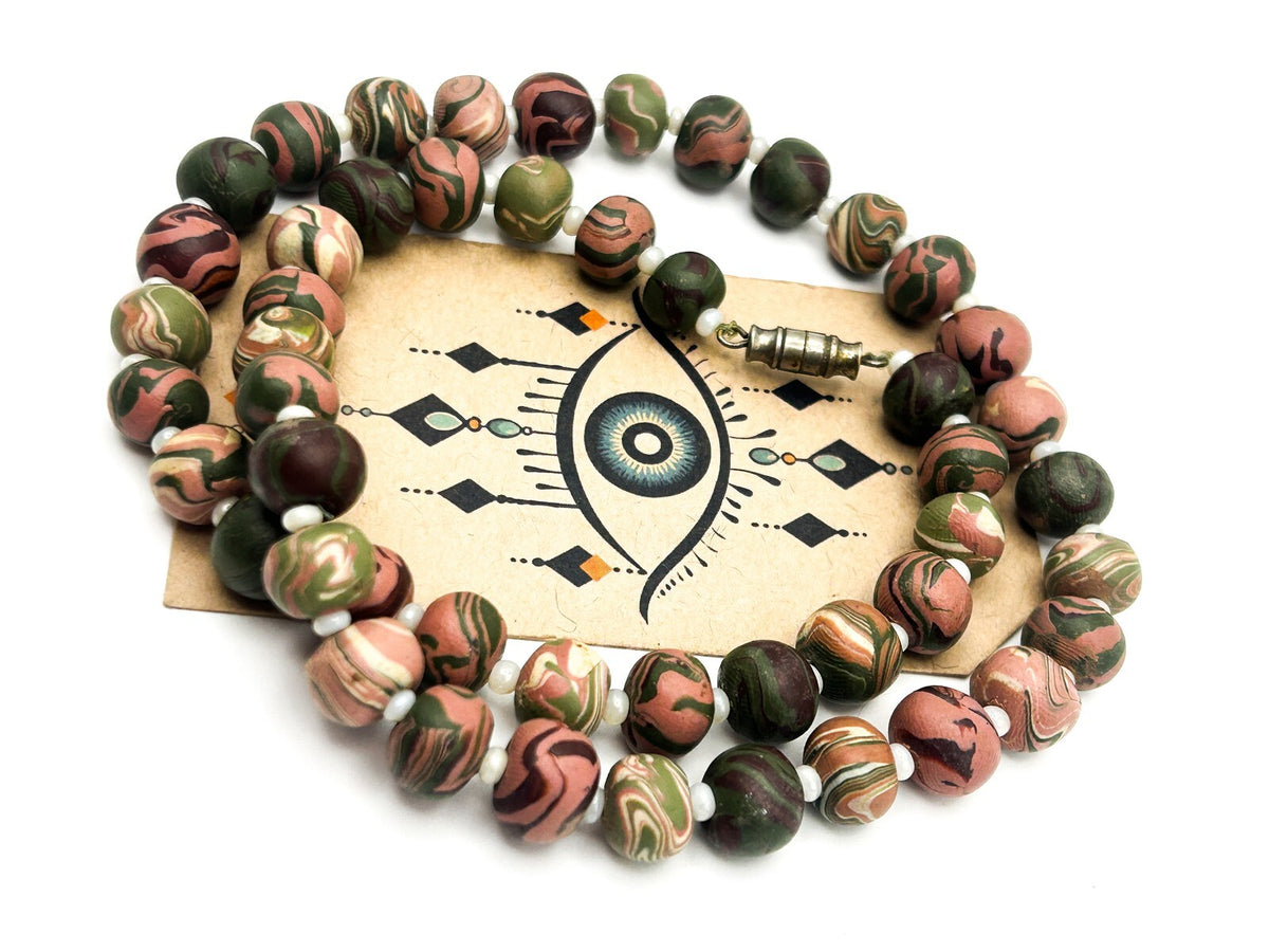 Polymer Clay Bead Necklace Swirl Green Pink Brown Artisan Style 20”