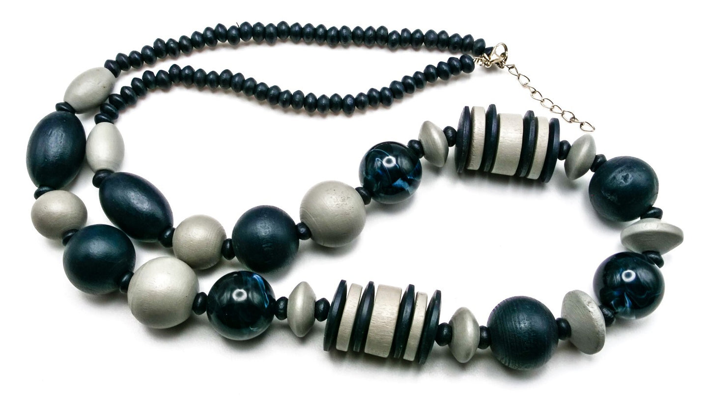 Navy & Grey Wood Bead Statement Necklace