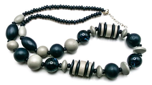 Navy & Grey Wood Bead Statement Necklace