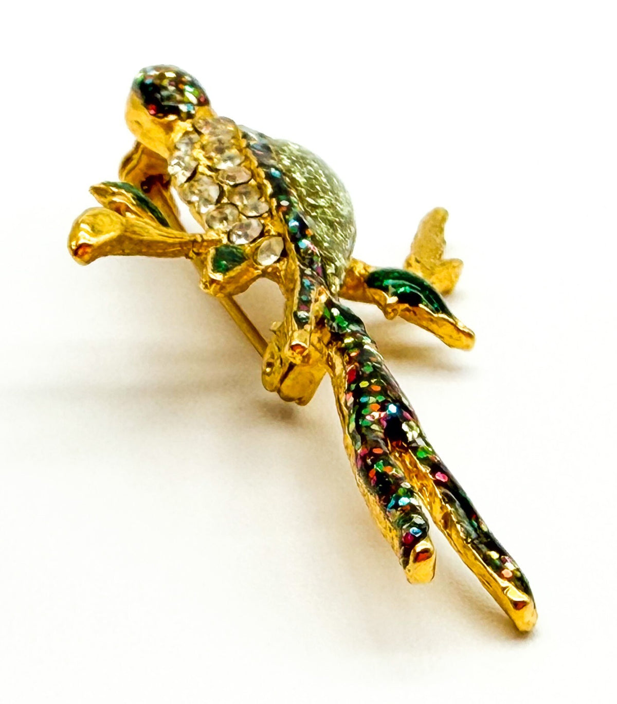 Vintage Gold Tone Bird Brooch Green Glitter Resin Rhinestone Branch Pin