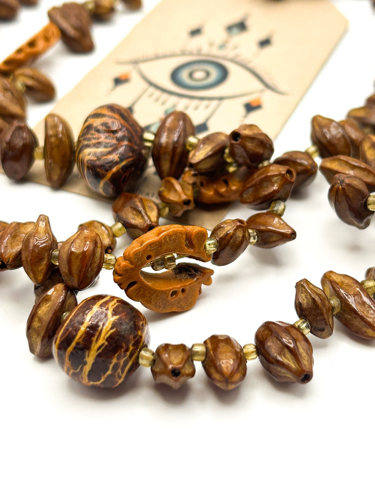 Faux Walnut & Seed Bead Necklace – 24” Vintage