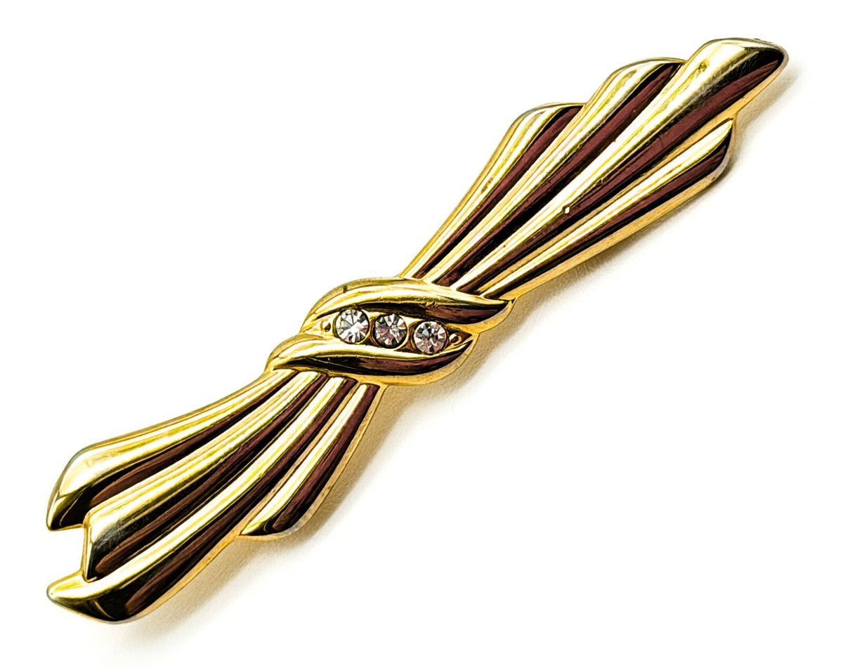 Vintage Gold Tone Bow Brooch Clear Rhinestone Diamante Ribbon Pin Retro 6cm