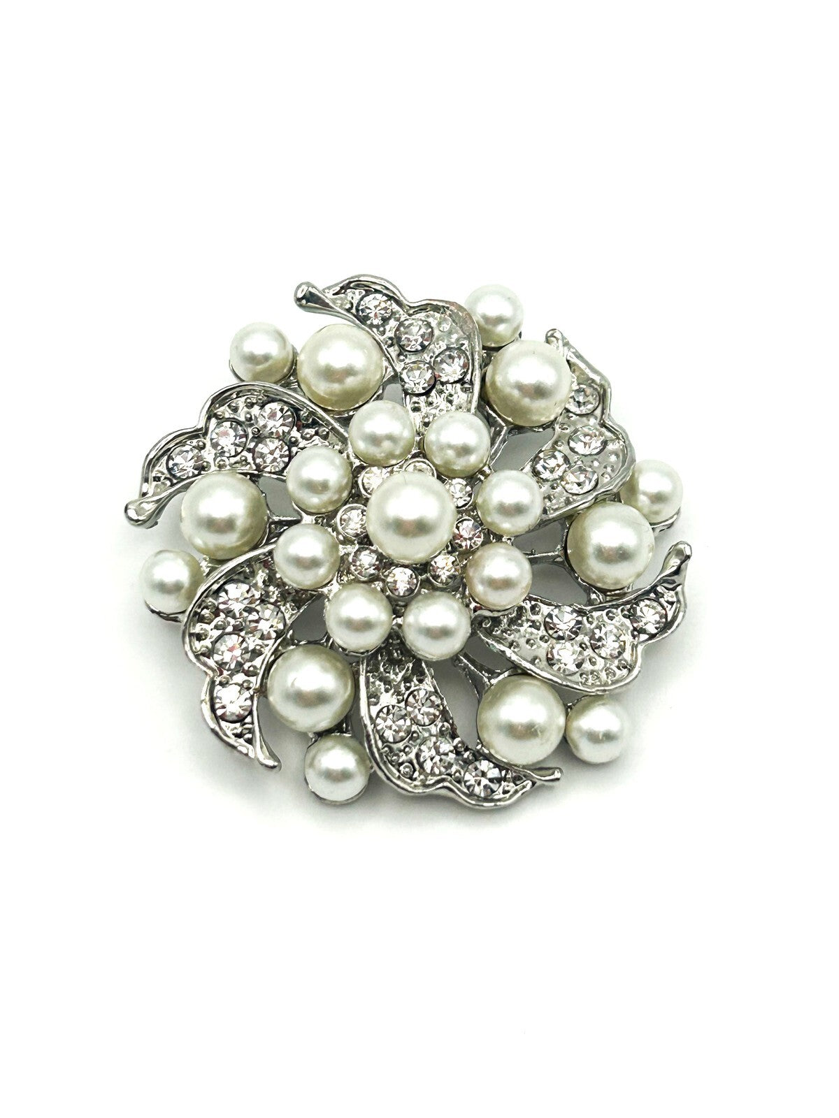 Vintage Silver Tone Pearl & Rhinestone Sparkles Swirl Statement  Brooch