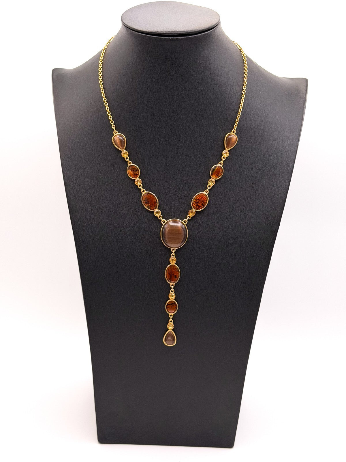 Gold Tone Y-Drop Necklace with Brown Cat’s Eye & Iridescent Orange Cabochons