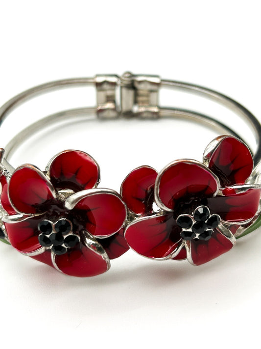 Retro Floral Enamel Bracelet Red Flower Snap Bangle Poppy Silver Tone Statement