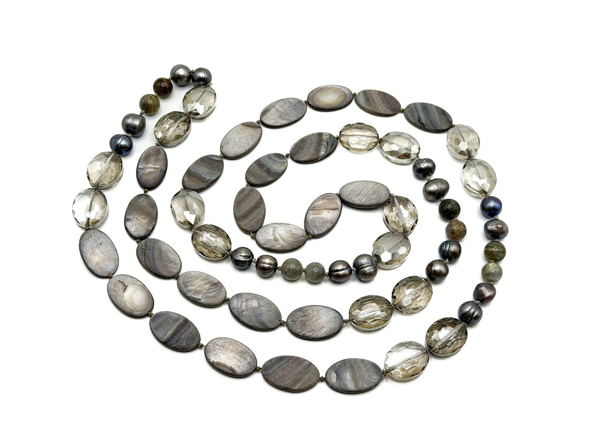 Vintage Hand-Knotted Grey Mother of Pearl, Tahitian Pearl & Glass Long Necklace