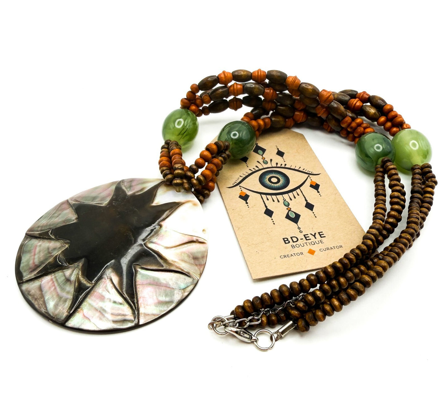 Abalone Shell Star Statement Boho Pendant Necklace 23" Coastal-inspired