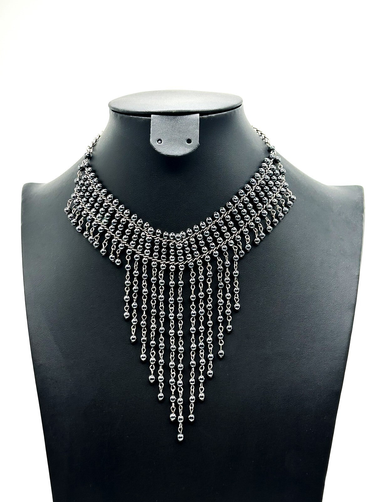 Gunmetal Glass Faux Pearl Tassel Choker Necklace – 34g
