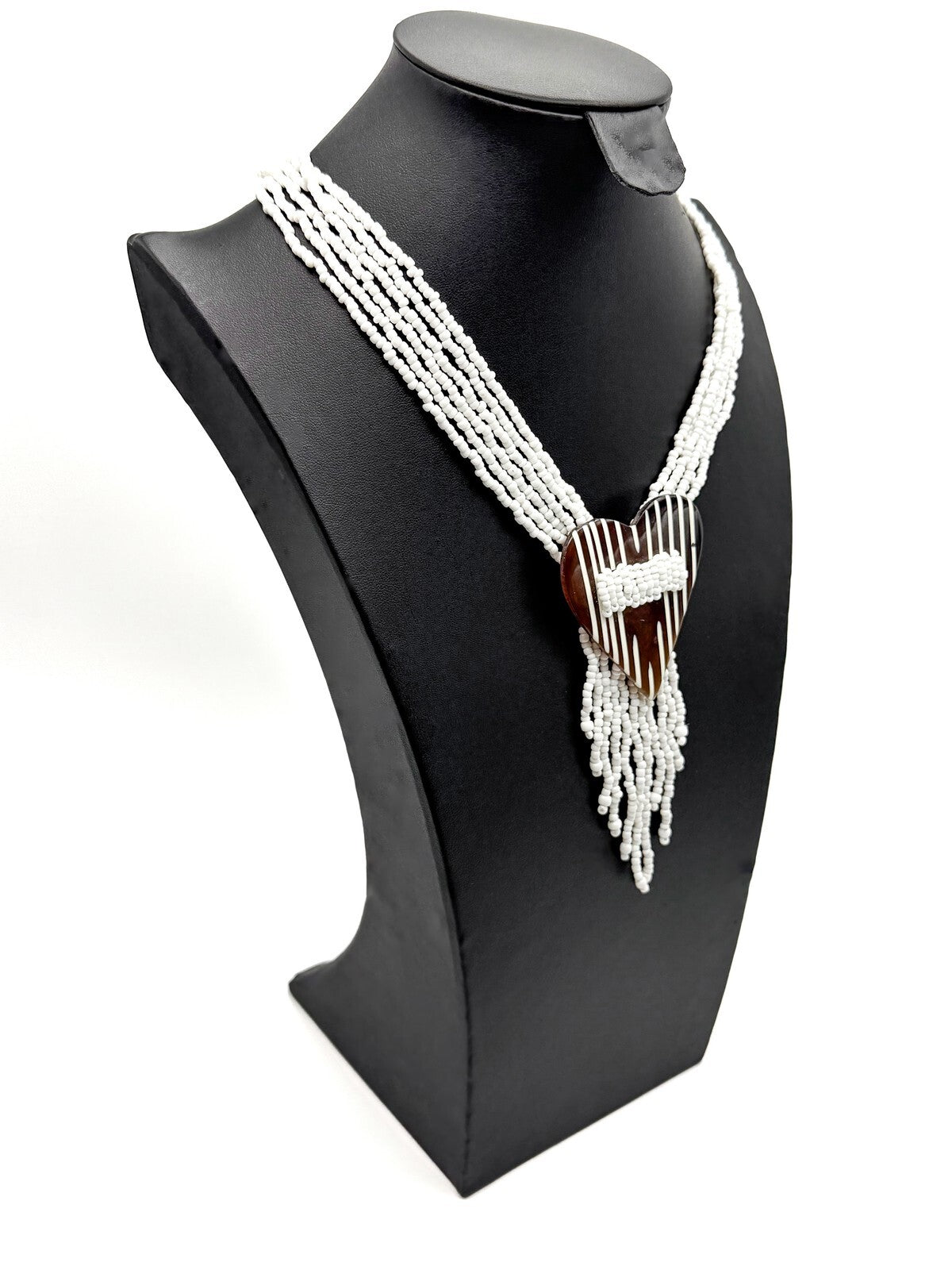Vintage Multi-strand White Seed Bead Brown Striped Heart Pendant Tassel Necklace