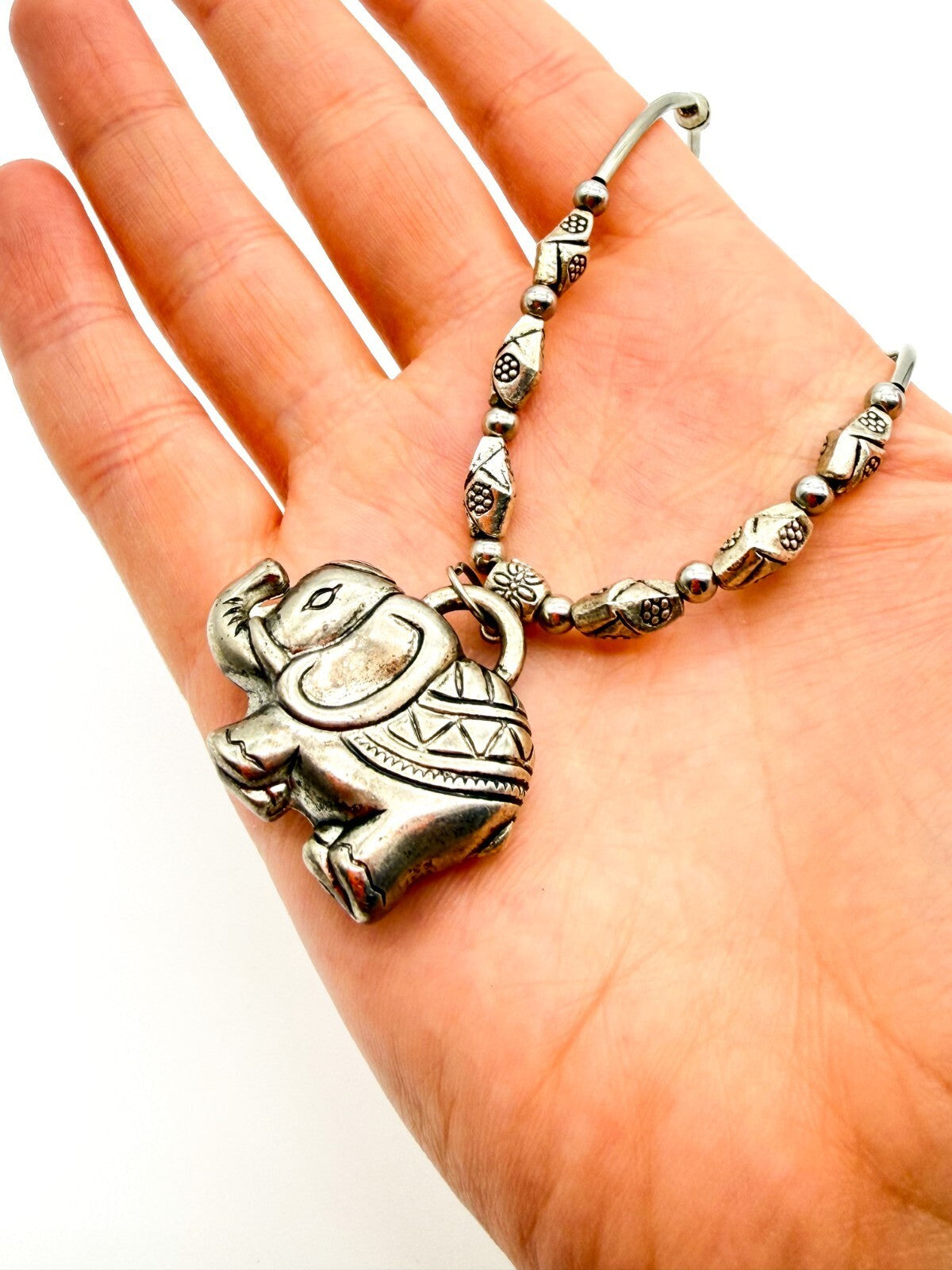 Elephant Pendant Necklace Silver Tone Beaded Tribal Boho Style Animal Charm Cute