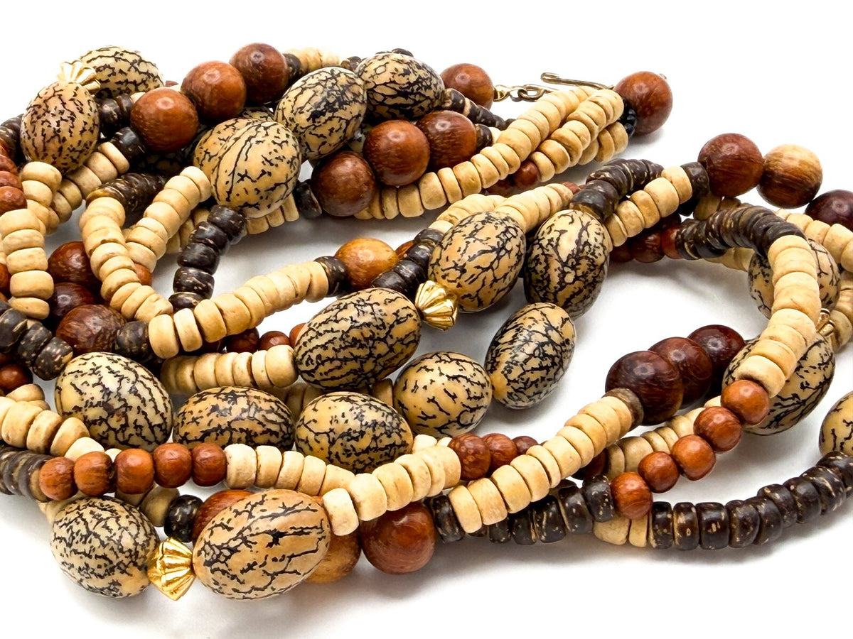 Four Strand Twisted Wood & Coconut Shell Disc Necklace with Gold Tone Boho