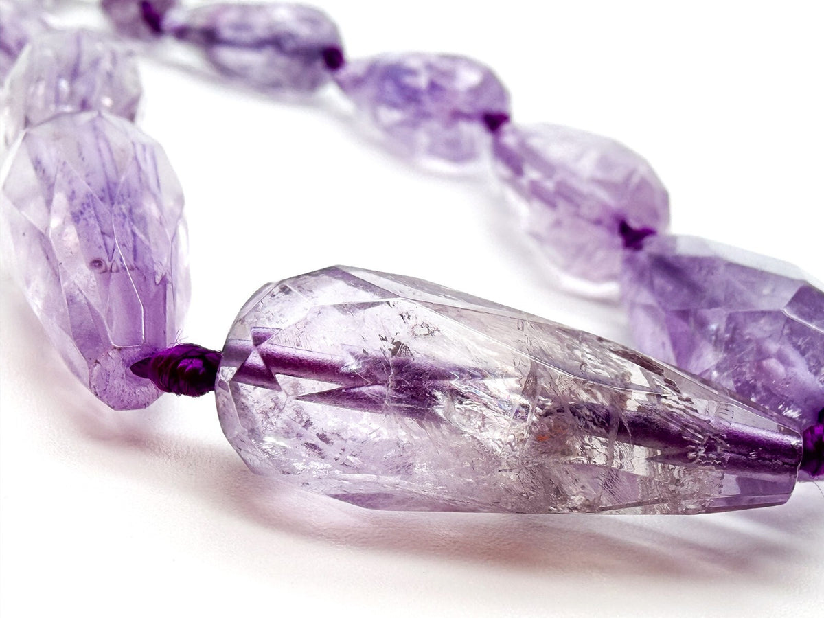 Amethyst Teardrop Necklace Faceted Beads Hand Knotted 18” Statement - Purple
