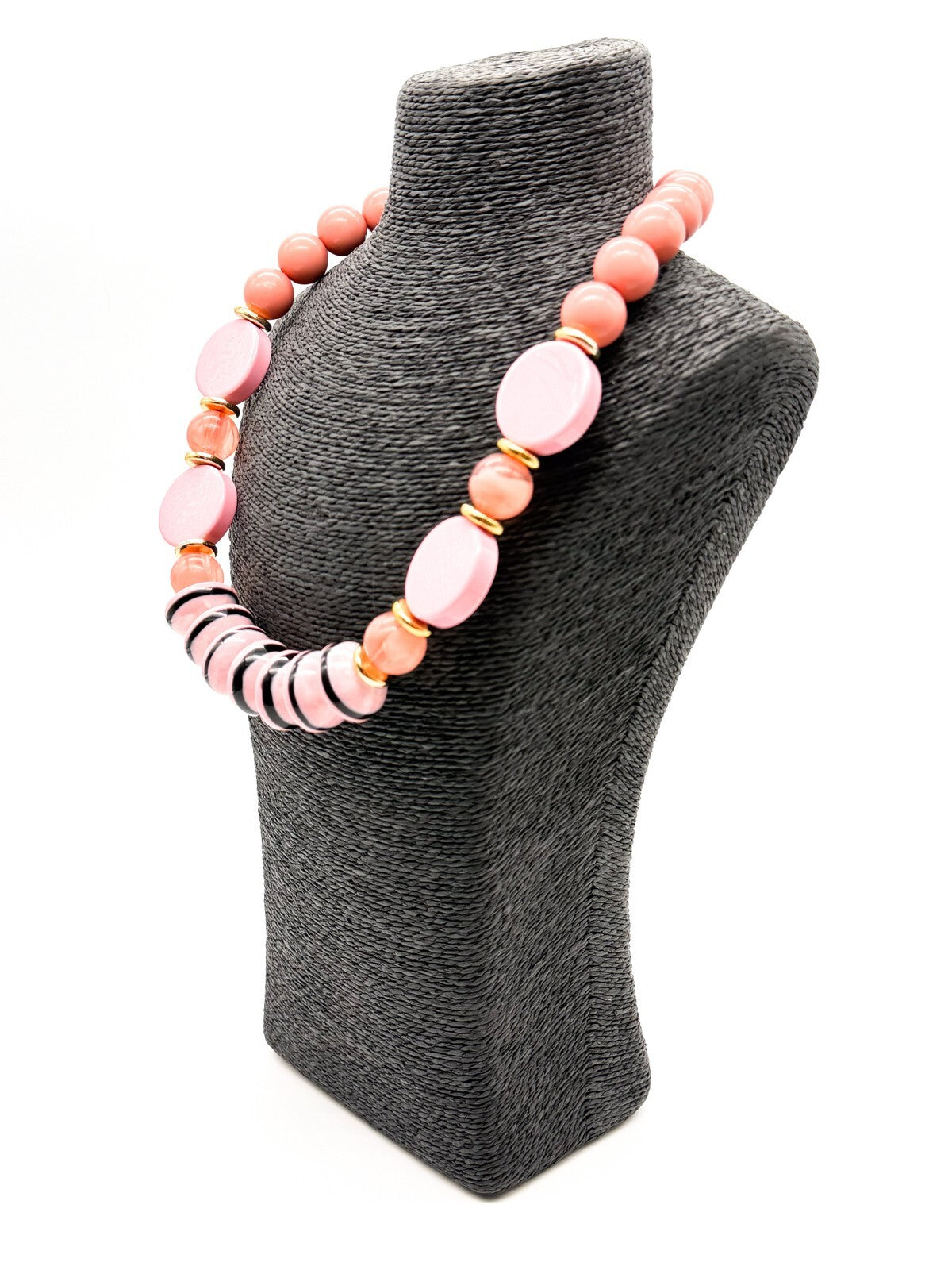 Retro Chunky Pink Acrylic Statement Necklace Disc Beads Gold Tone New w/Tag 23”