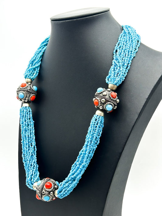 Turquoise Glass Multi Strand Beaded Necklace Statement Silver Tone Red Blue