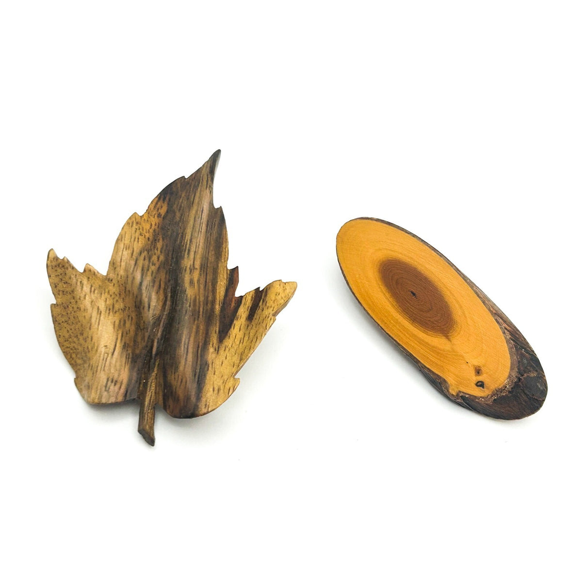 Wood Brooch Duo - Carved Leaf and Smooth Knot Slice