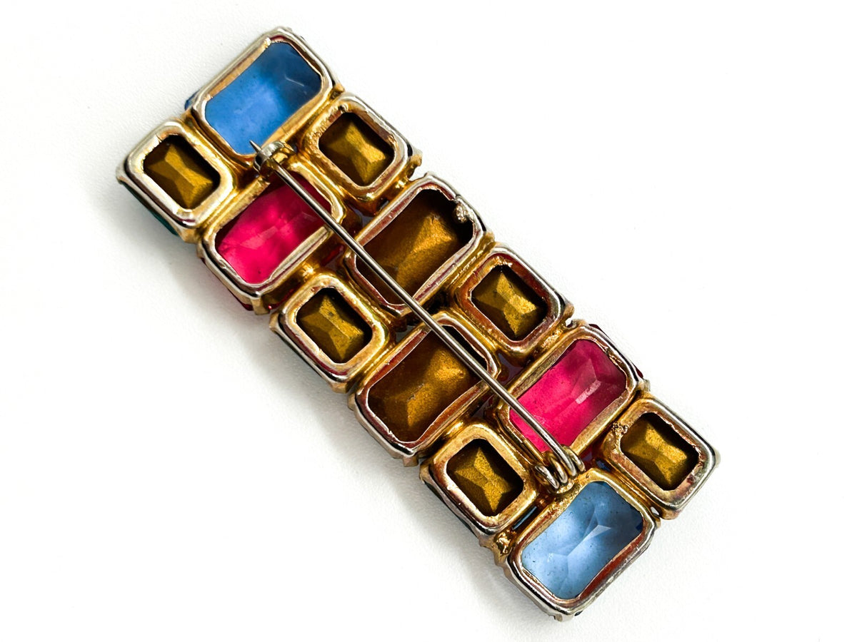 Antique Art Deco Czech Glass Rhinestone Bar Brooch Multicolour C Clasp 6cm