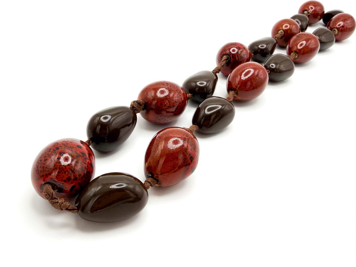 Chunky Red Ceramic & Brown Acrylic Long Statement Necklace – Heavy Cord Knotted