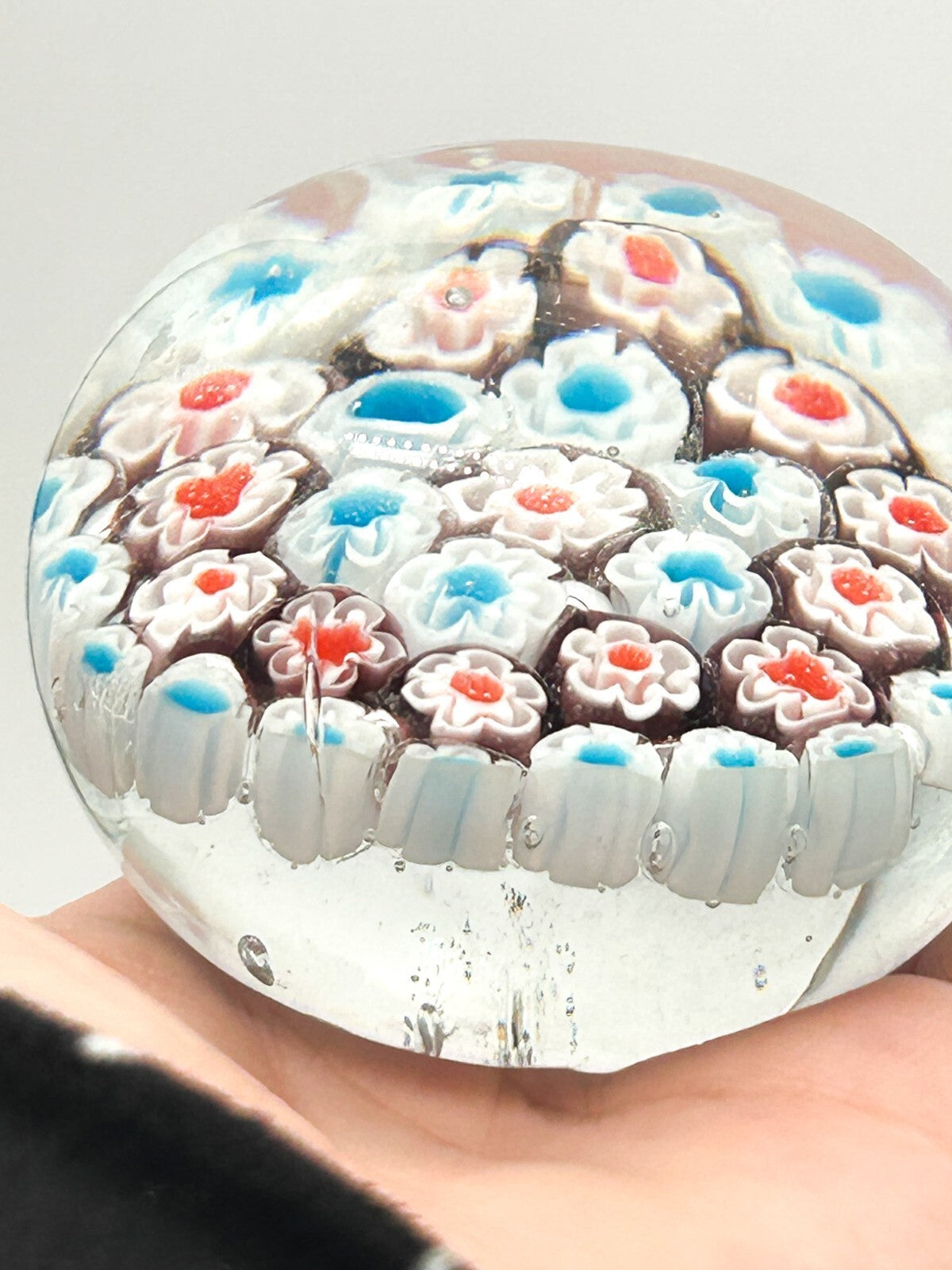 Vintage Millefiori Art Glass Paperweight Red White Blue Flower Floral Canes