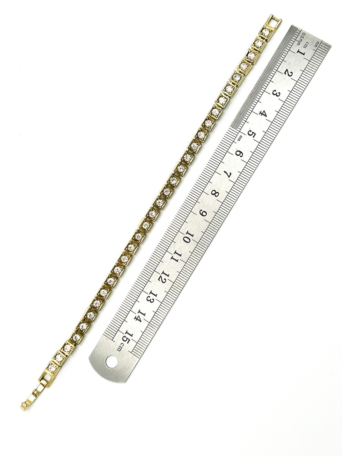 Gold Tone Tennis Bracelet Square Rhinestone Crystal Articulated Link 7.5”