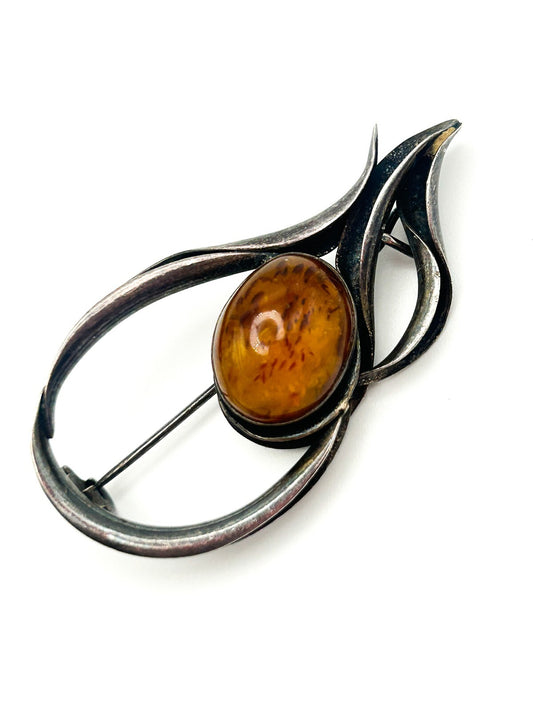 Vintage Baltic Amber 925 Sterling Silver Mid-Century Modernist Brooch Marked MG