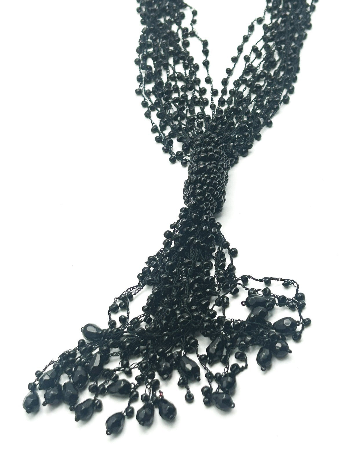Black Multi Strand Beaded Tassel Necklace Statement Signed WS 25”