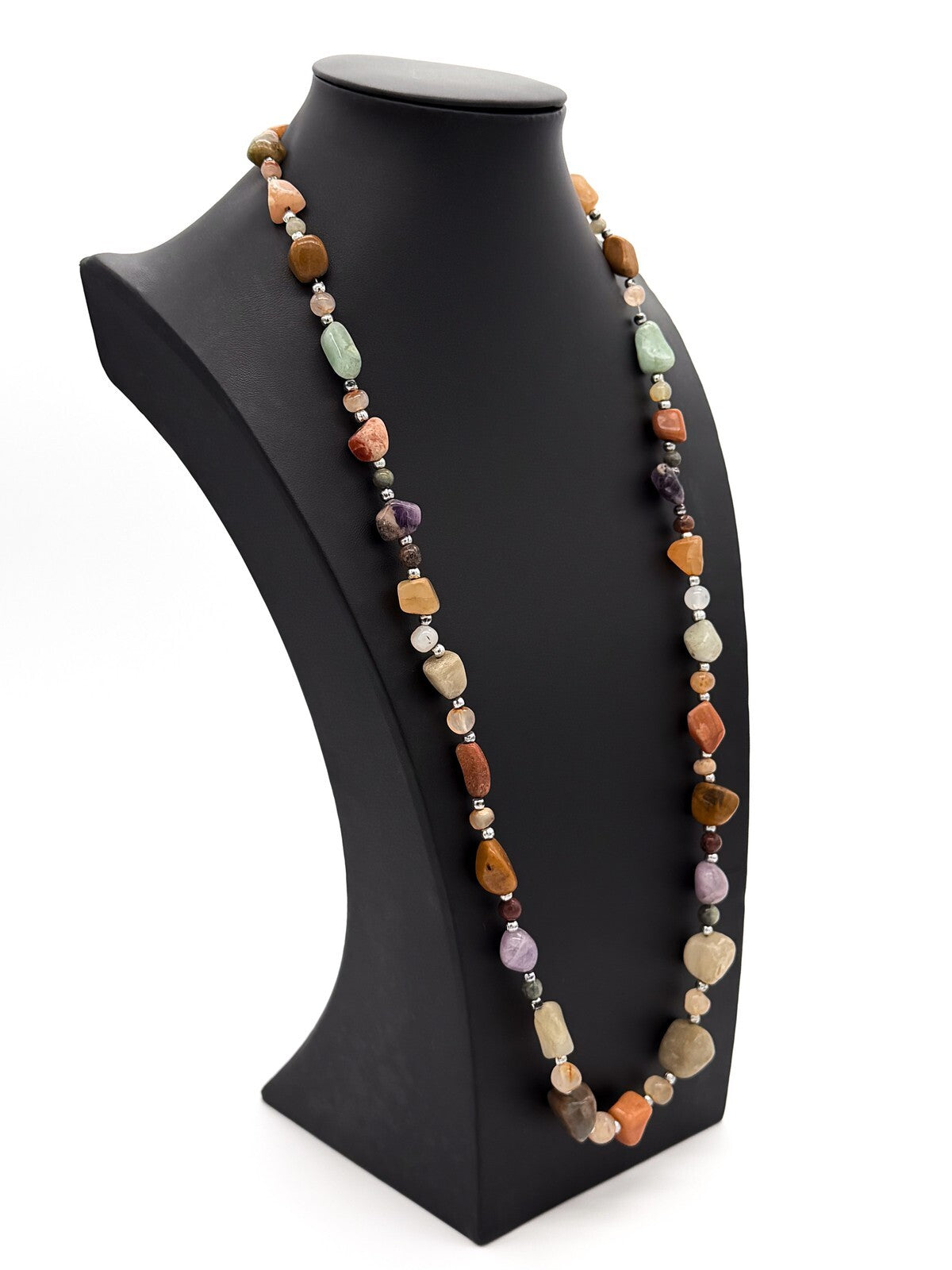Vintage Mixed Gemstone Necklace Amethyst Citrine Jasper Quartz Nugget Strand 31”