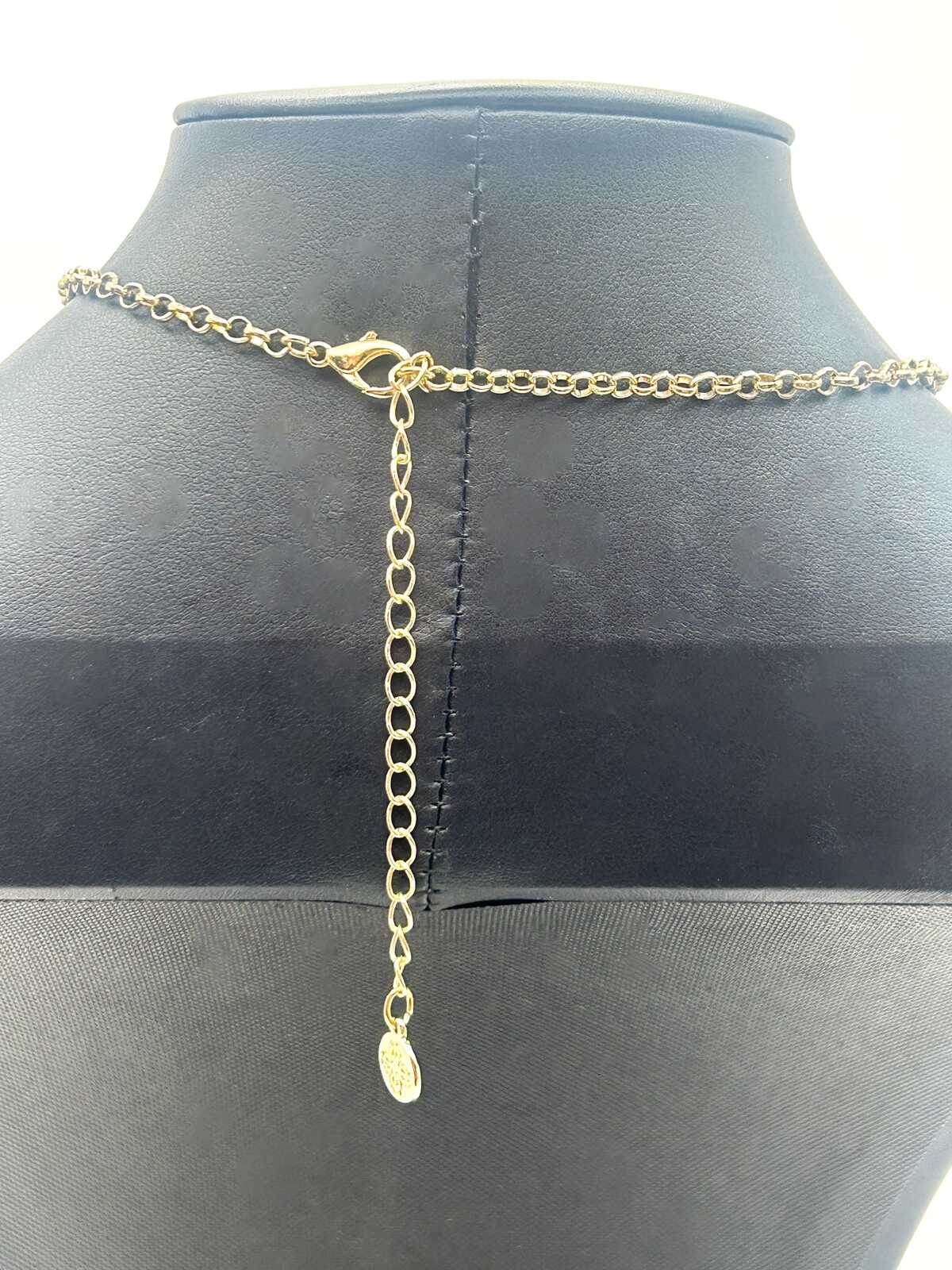 Vintage Gold Tone Hoop Pendant Necklace with Pink & Cream Cabochons – Statement