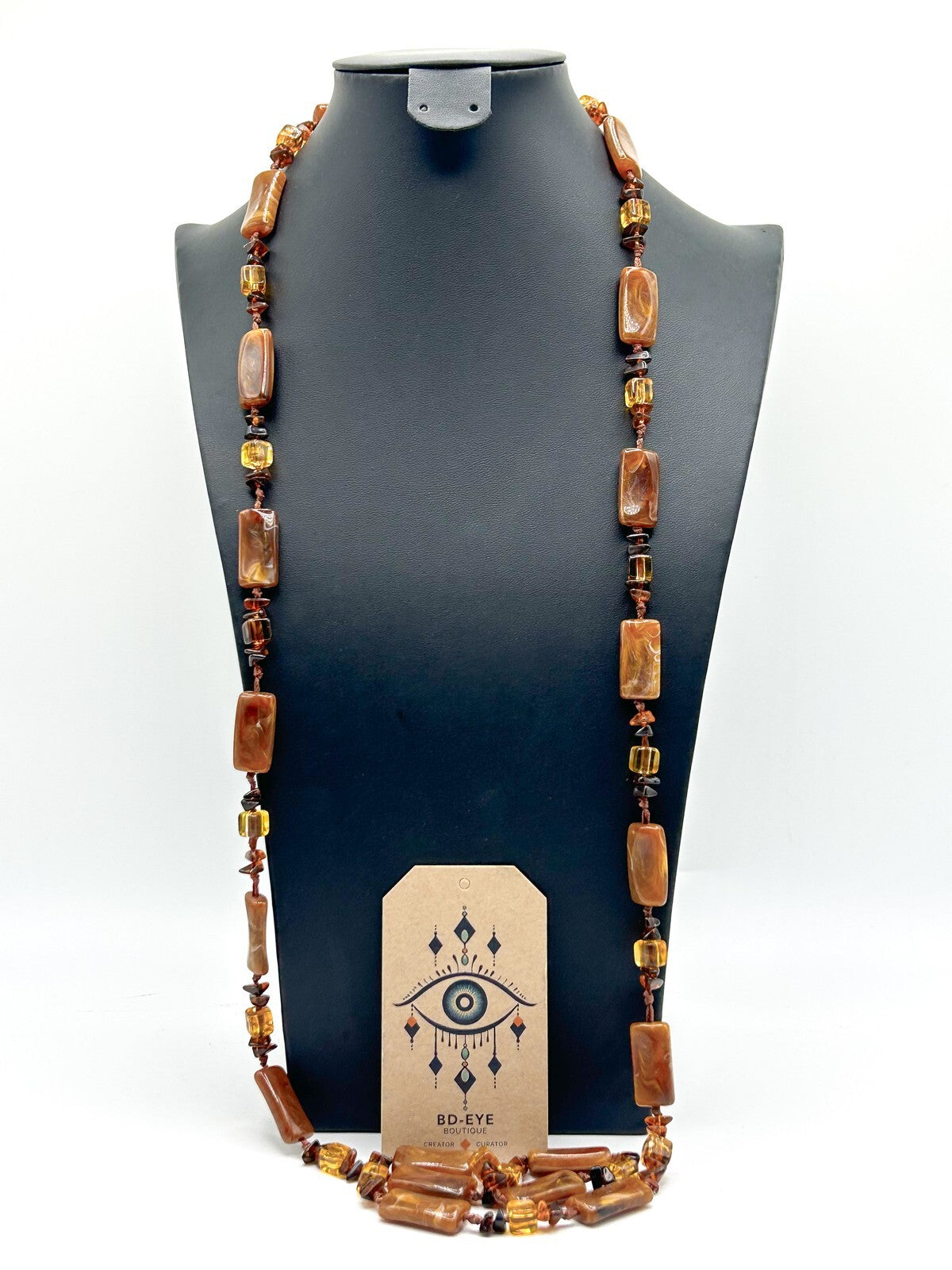 Vintage Toffee Swirl Long Bead Necklace – 46in / 51g
