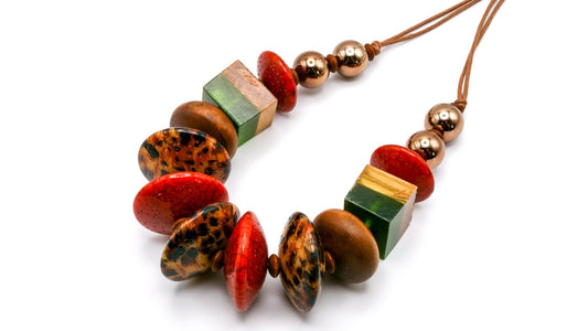 Earthy Tones Statement Necklace Multicolour 18.5" Wood Acrylic Resin Boho Orange