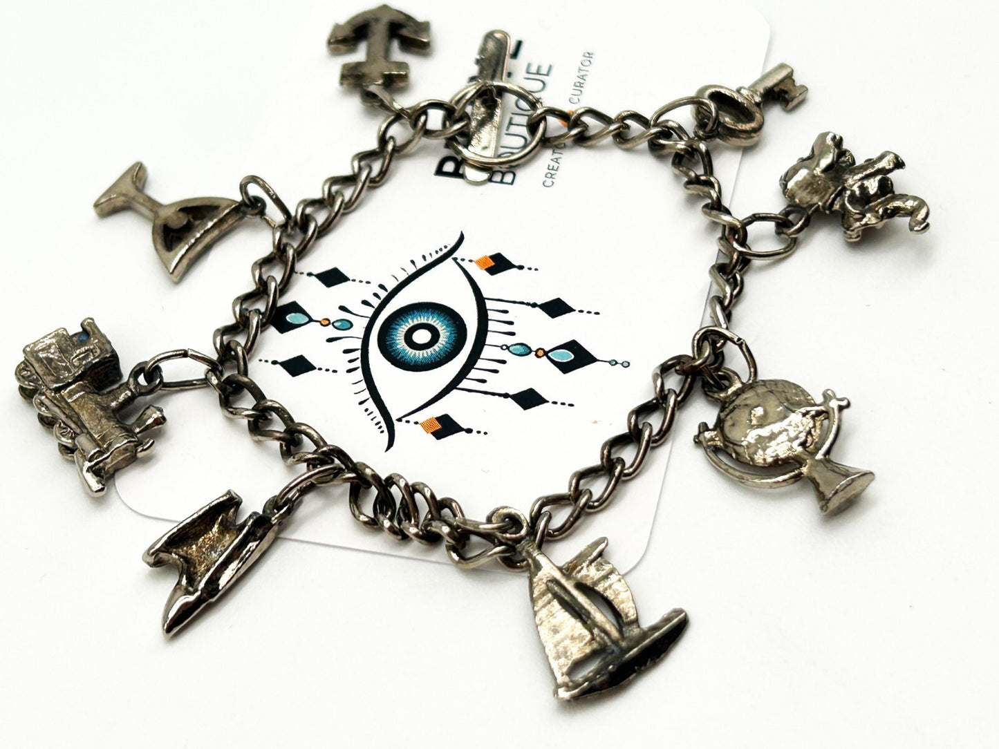 Travel Charm Bracelet Silver Tone Souvenir Holiday Theme 7” Boat Train Globe Key