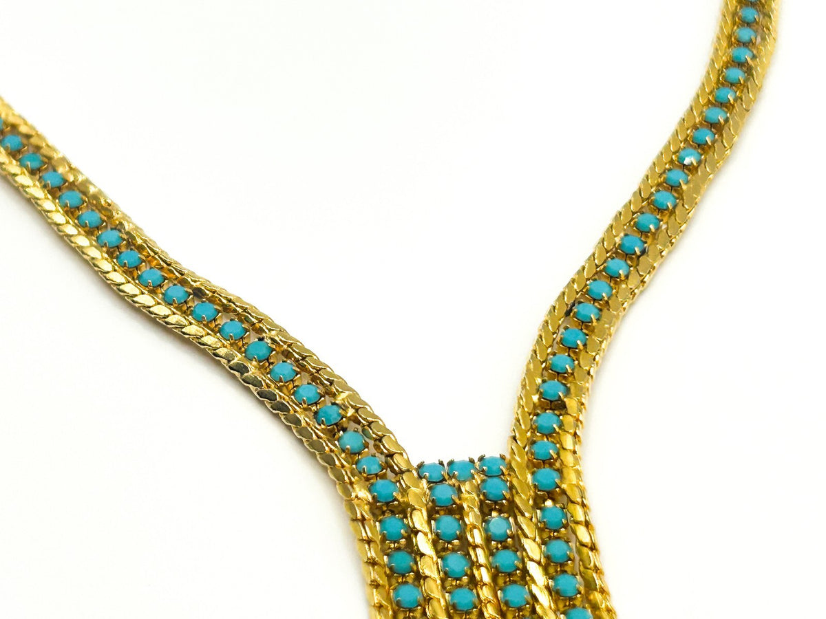 Gold Tone Turquoise Glass Lariat Necklace – Vintage Mesh Tassel Design