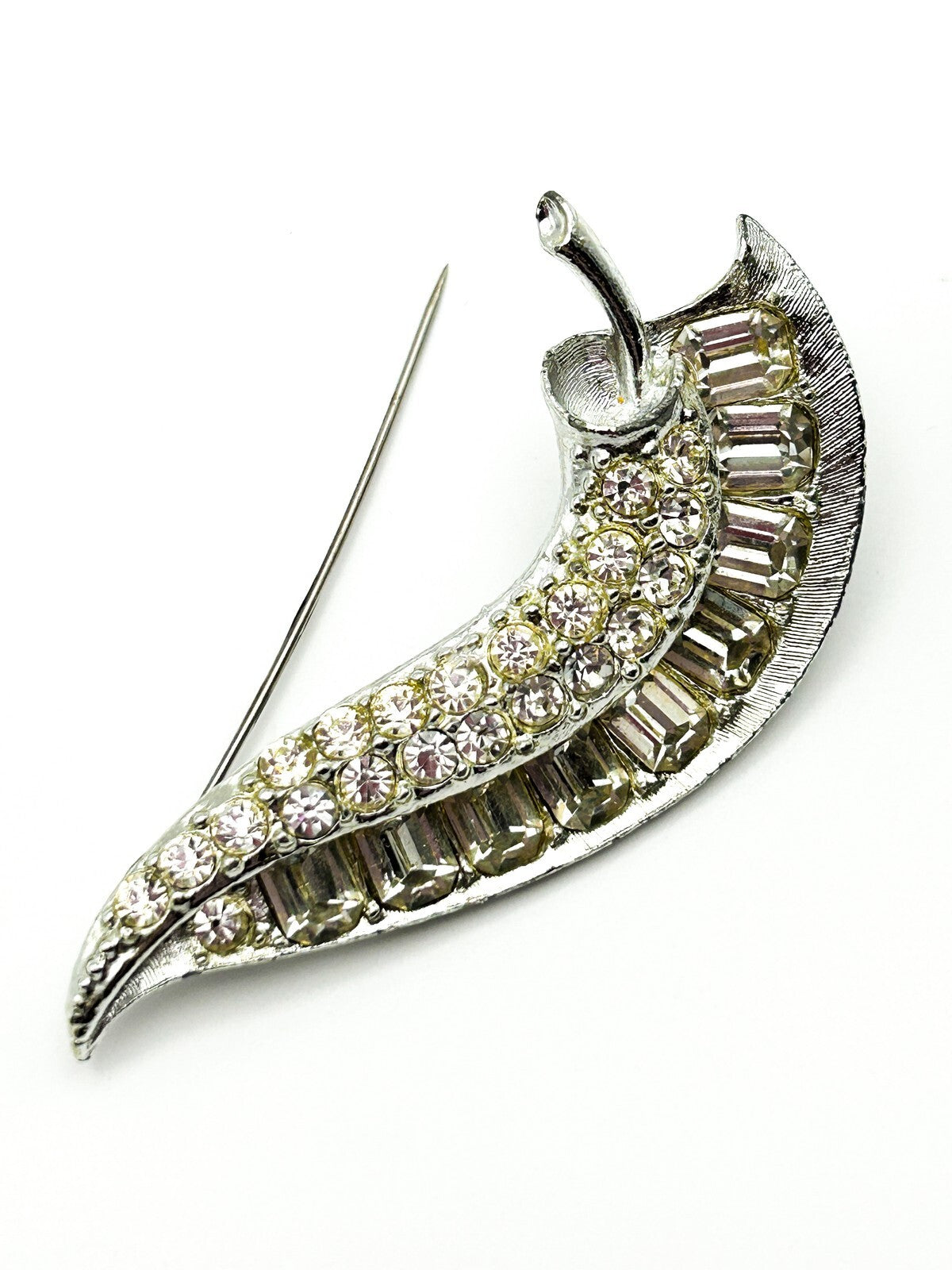 Vintage Silver-Tone Curved Rhinestone Statement Brooch