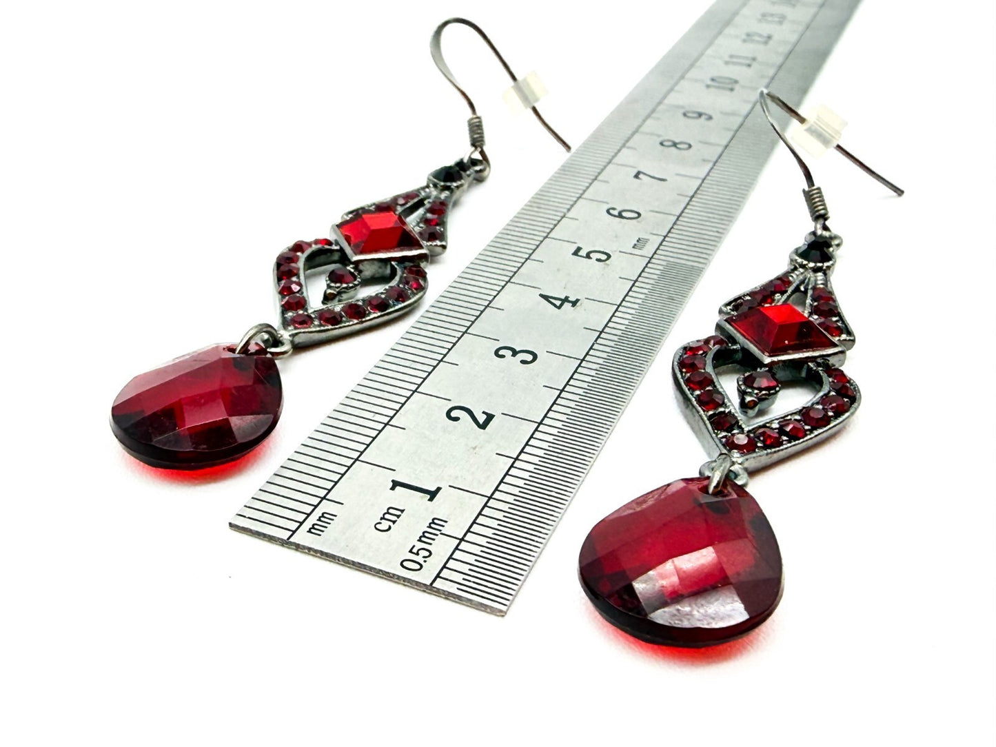Art Deco Style Gothic Red Rhinestone Drop Earrings Gunmetal Teardrop Dangle