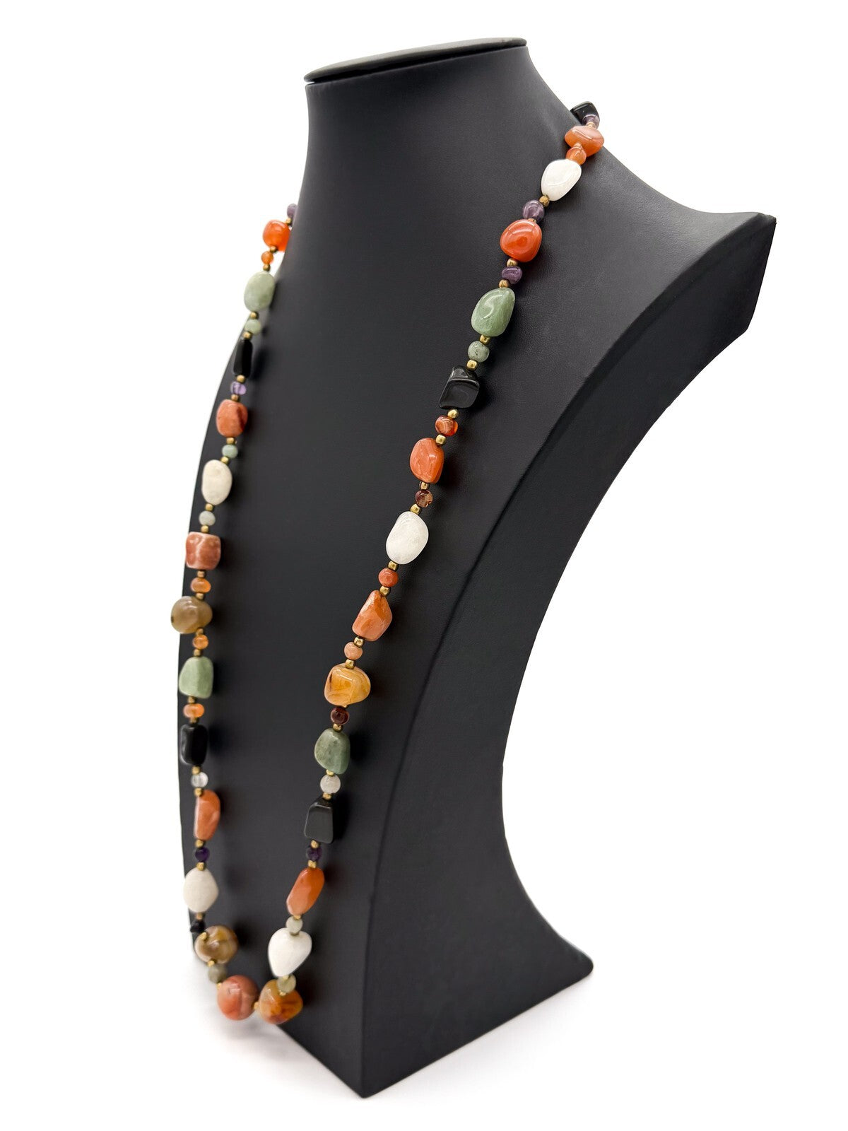 Vintage Mixed Gemstone Bead Necklace Long Multi Stone Agate Onyx Jadeite Quartz