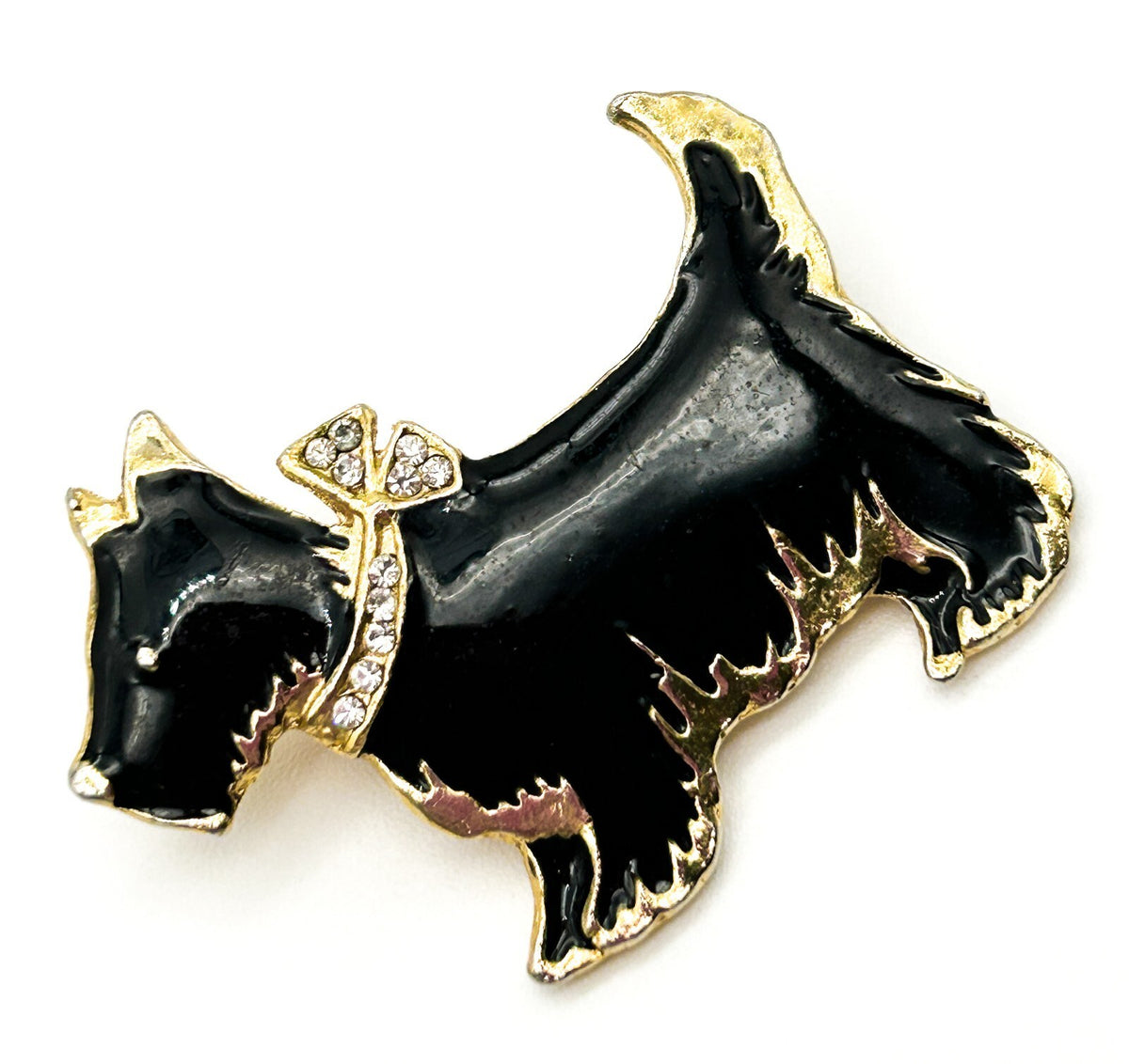 Vintage Gold Tone Black Enamel Scottish Terrier Brooch Scottie Pin Rhinestone
