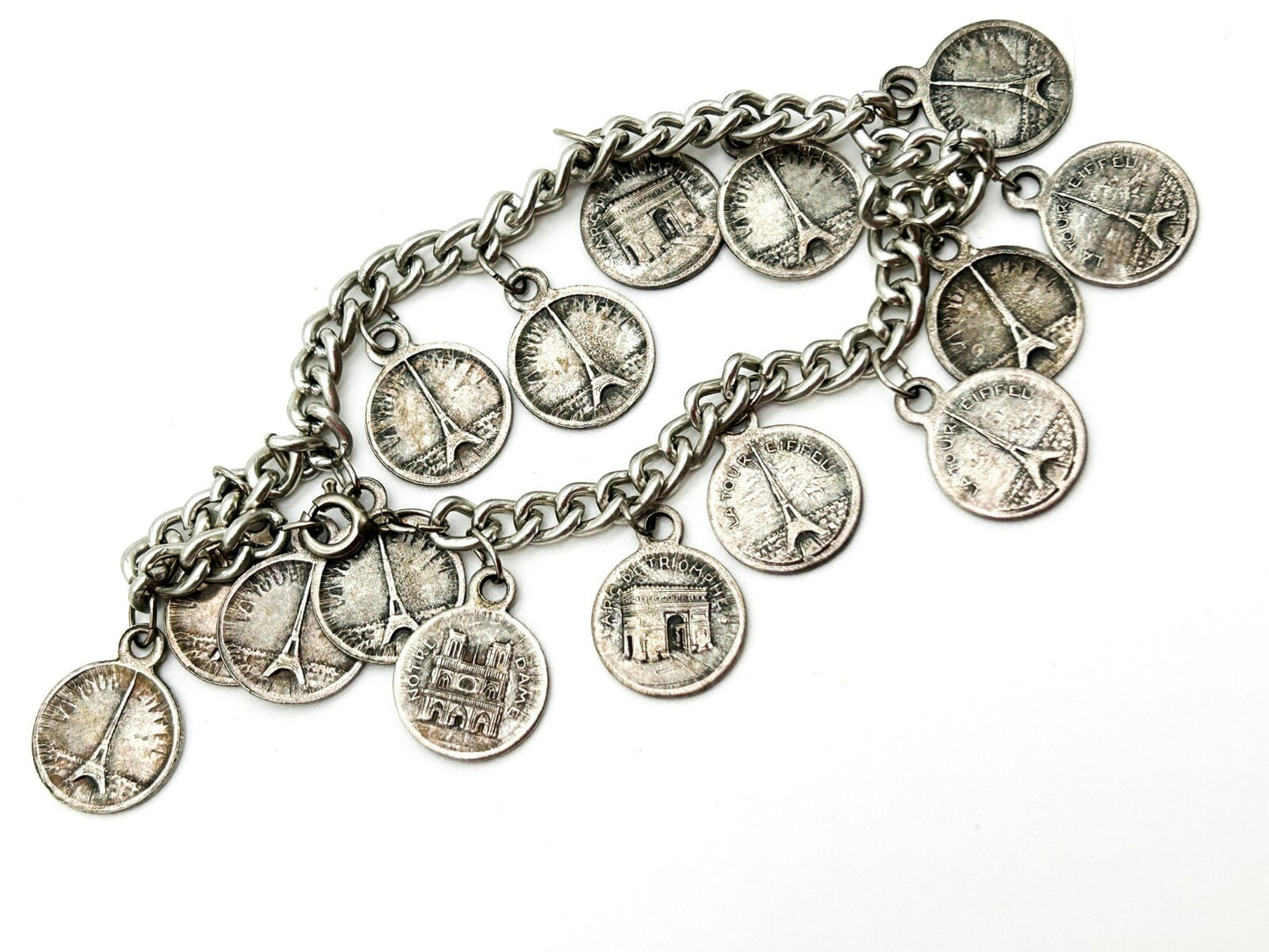 Vintage Paris Souvenir Coin Charm Bracelet with Eiffel Tower & Notre Dame Charms