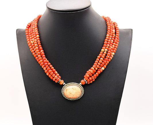 Multi Strand Red Coral Bead Necklace Ornate Oval Pendant 19 Inch Statement