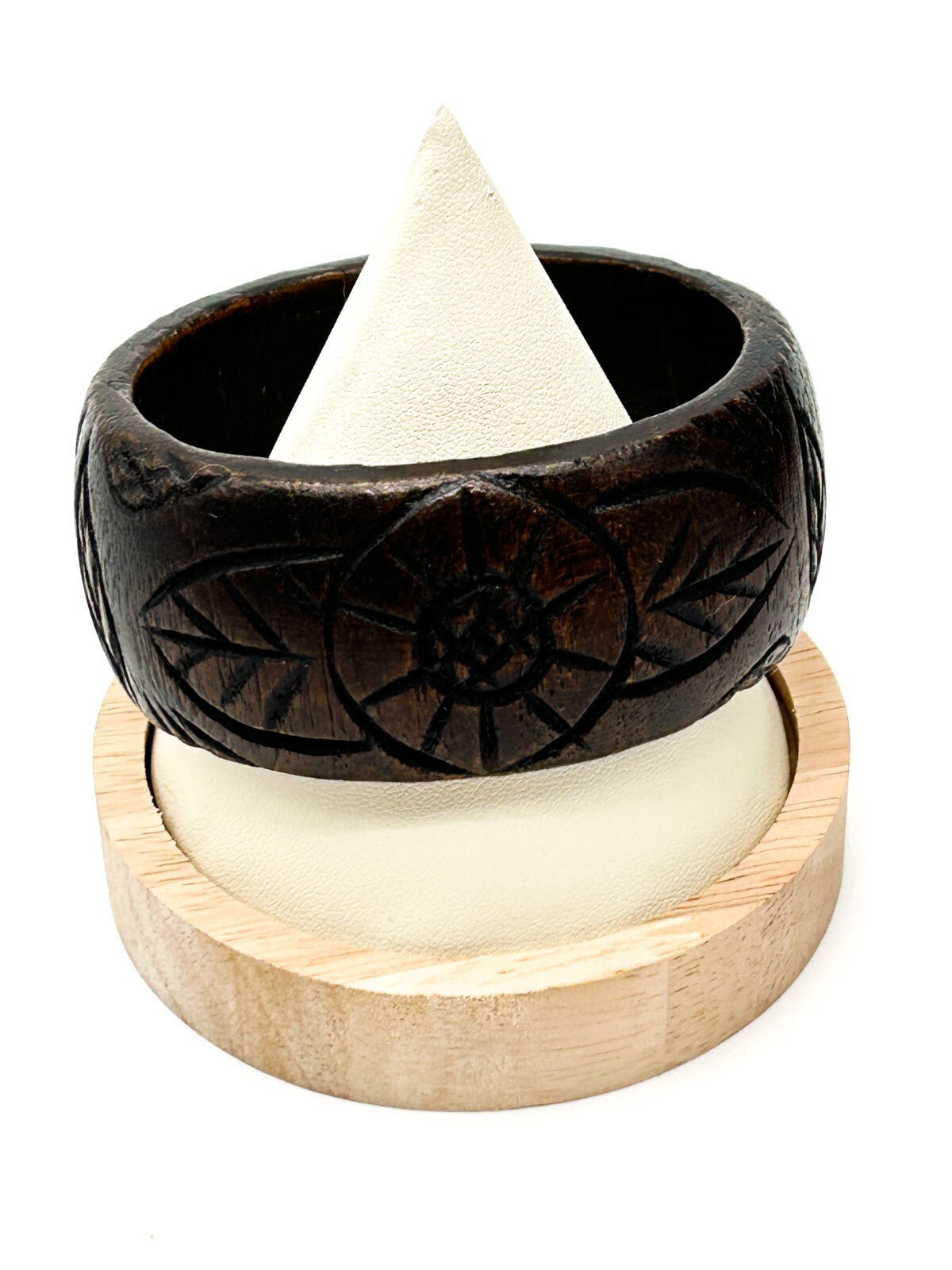 Vintage Hand Carved Wood Bangle Flower Leaf Design Rustic Bracelet Floral Boho